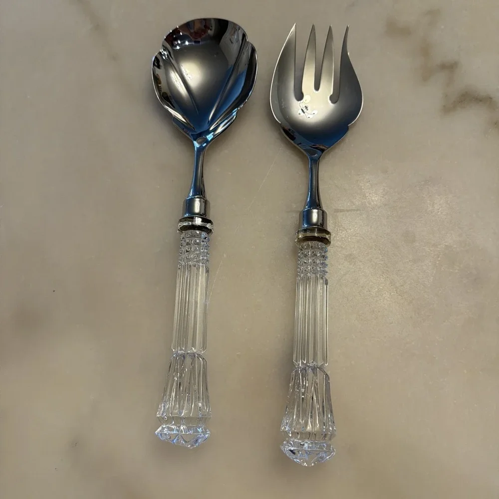 Reed & Barton Stainless & Glass/Crystal Handle 2 Piece Salad Serving Utensils